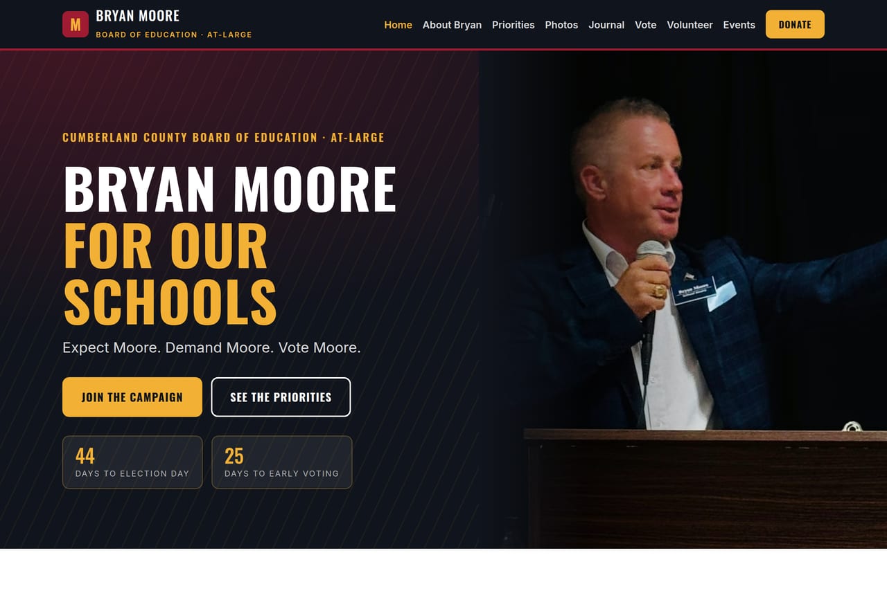 The moore4nc.com homepage — a county board of education campaign site built by Fast Campaign Hub