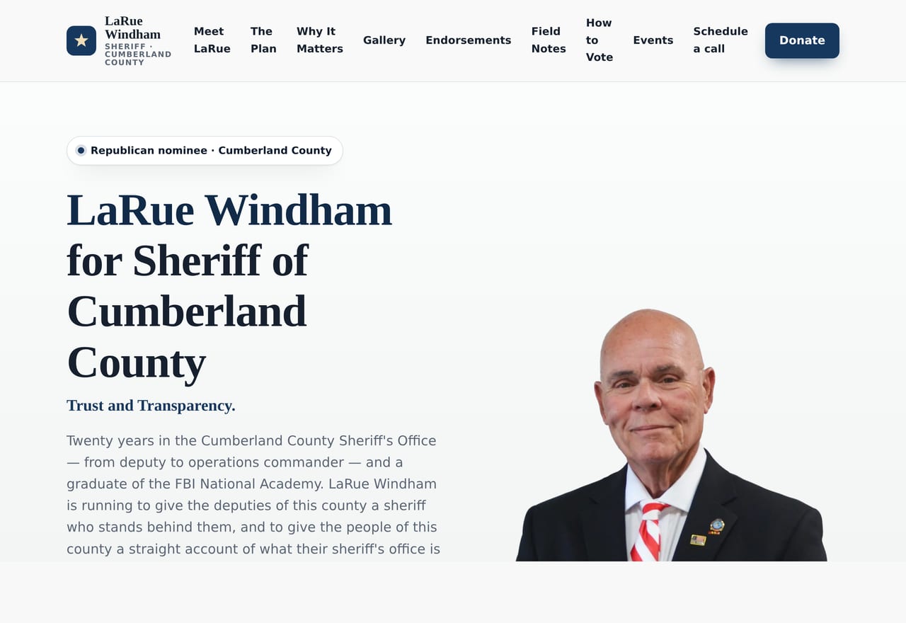 The windham4sheriff.com homepage — a county sheriff campaign site built by Fast Campaign Hub